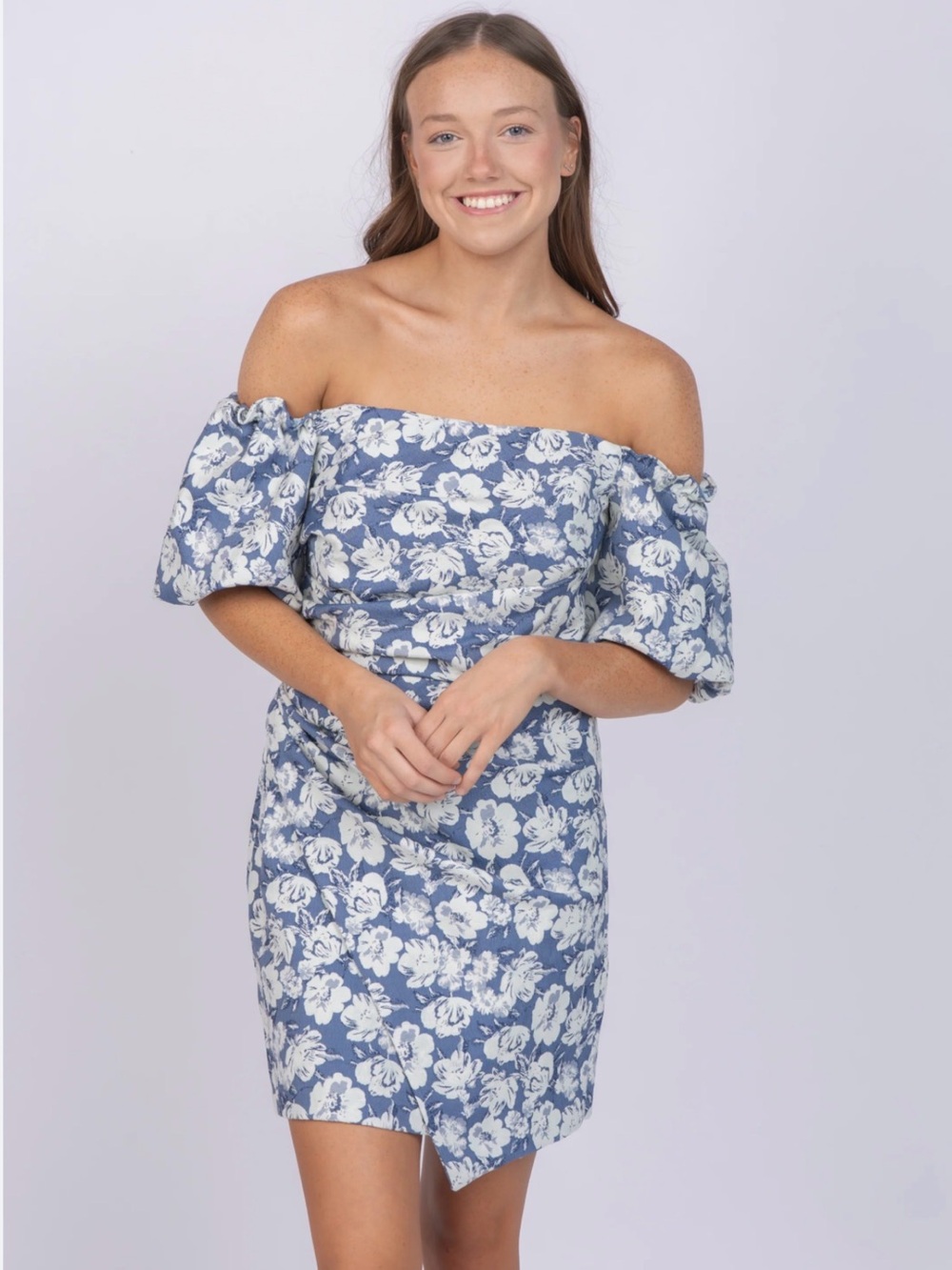 Shoshanna Penna Dress Blue Ivory Floral Off Shoulder Puff Sleeve Size 2